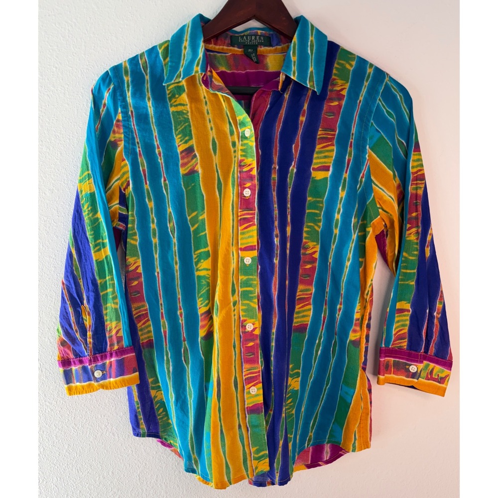 VTG Y2K Lauren Ralph Lauren Tie Dye Button Down Shirt Boho Colorful Hippie PM - Picture 2 of 8